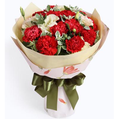 妈妈的爱-红色康乃馨16枝，香槟色桔梗3枝，叶上花8枝