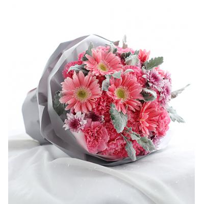 嫣然-粉色康乃馨19枝，粉色扶郎花5枝，紫色小雏菊3枝，银叶菊10枝