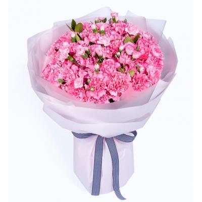 暖暖满怀-粉色康乃馨99枝、粉色多头康乃馨1扎、栀子叶1扎