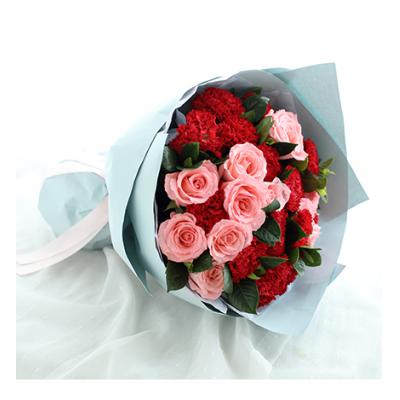 温馨思恋-红色康乃馨19枝，戴安娜粉玫瑰11枝，栀子叶1扎