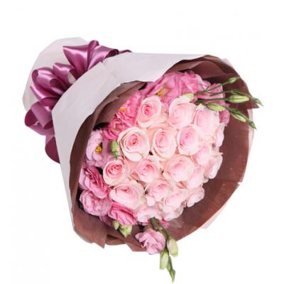 天使的心跳-粉佳人粉玫瑰19枝，粉色桔梗6枝