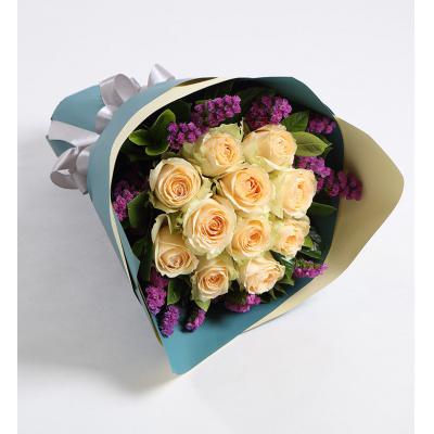 柔情似水-香槟玫瑰11枝，紫红色勿忘我0.3扎，栀子叶8枝