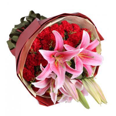 感激-29枝红康乃馨，多头粉百合2枝，黄莺10枝