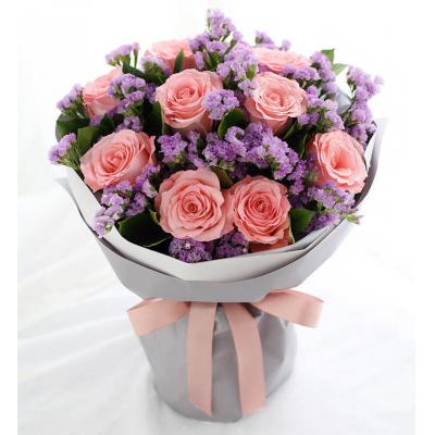 你的香气-黛安娜玫瑰9枝，浅紫色勿忘我0.5扎，栀子叶8枝