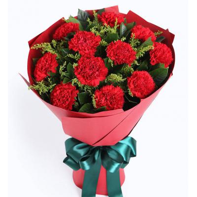 幸福花园-红色康乃馨11枝，黄莺10枝，栀子叶8枝