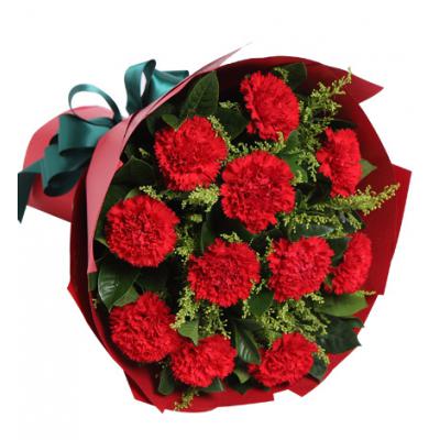 幸福花园-红色康乃馨11枝，黄莺10枝，栀子叶8枝