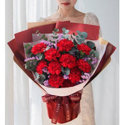 红色康乃馨11枝，粉色勿忘我3枝、尤加利10枝