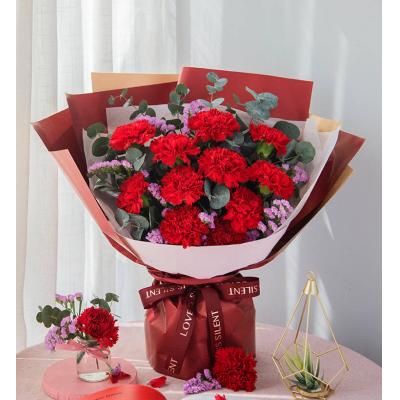 红色康乃馨11枝，粉色勿忘我3枝、尤加利10枝